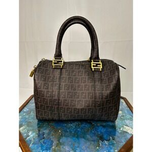 Fendi Zucca Monogram Boston Satchel Brown Canvas Gold FF Hardware Made in Italy